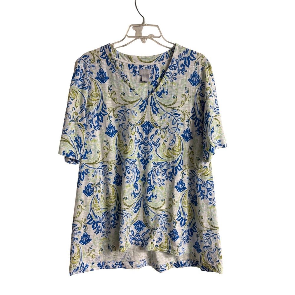 Chicos Blue Green Damask Paisley Slub Knit‎ V-Neck Top Size 2 Large Cotton Modal